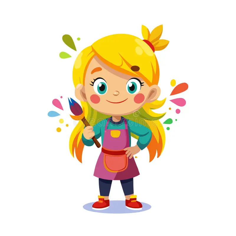 cute cartoon girl artist paintbrush colorful splashes art concept cheerful blonde hair holding surrounded paint 380020288