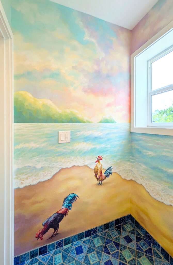 Ocean beach waves mural art wall painting in bathroom with sunset and roosters
