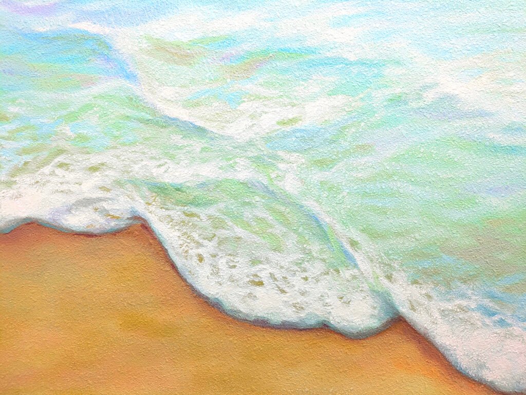 Mural wall art painting closeup of seafoam and sand beach shore