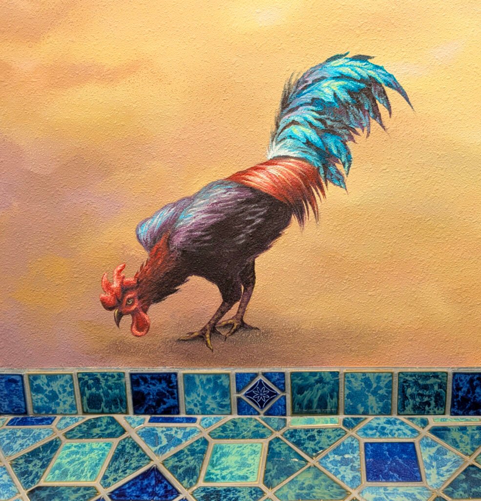Mural wall art painting of pecking rooster on beach sand