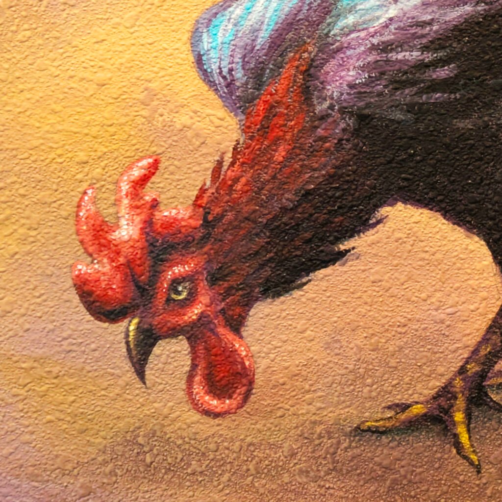 Mural wall art painting closeup of pecking rooster chicken on beach sand
