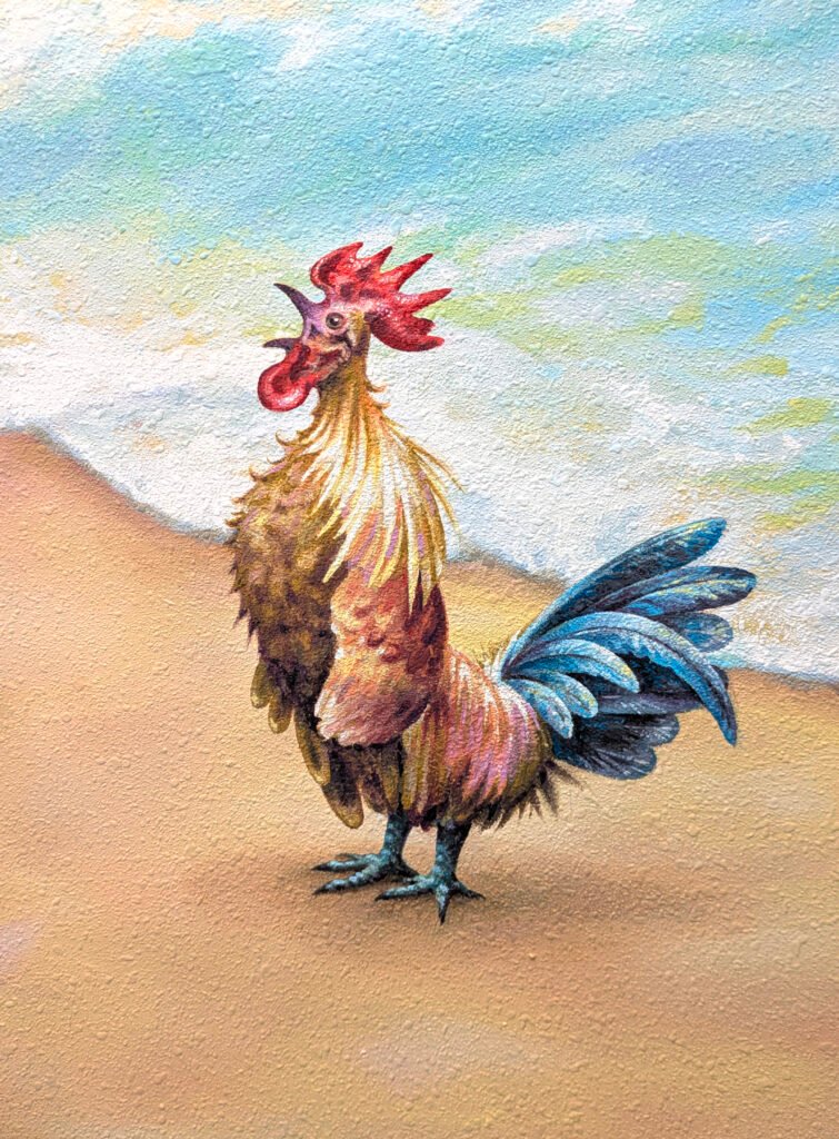 Mural wall art painting of crowing rooster on ocean beach sand