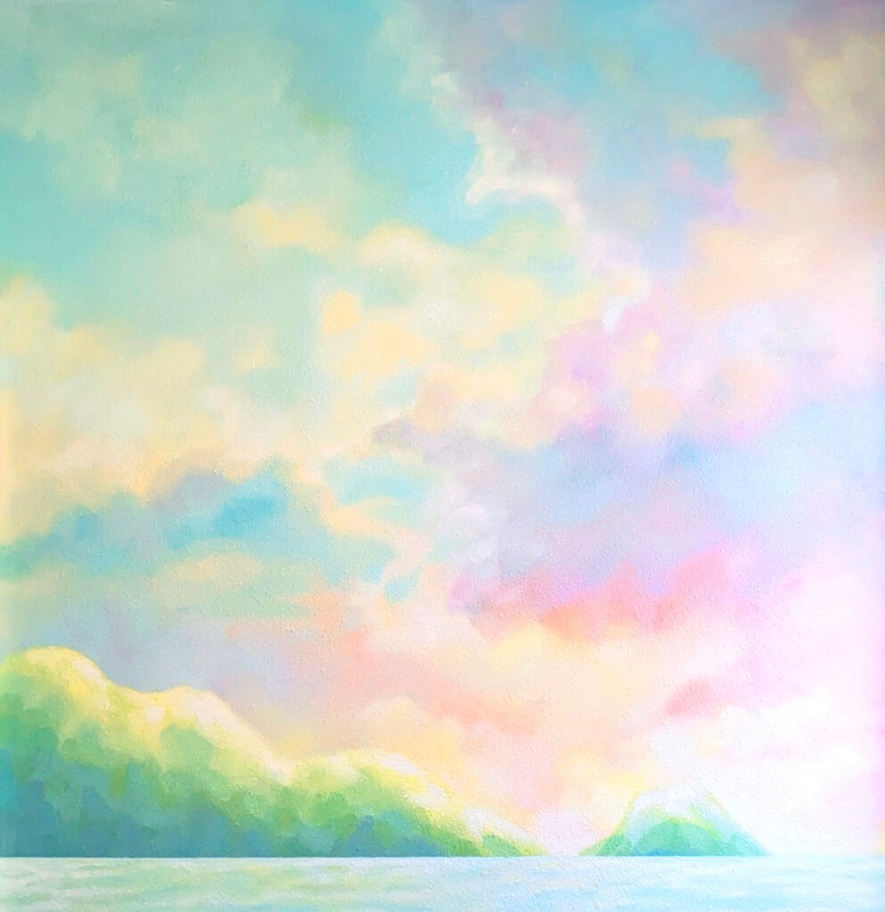 Mural wall art painting of sunset sky clouds distant hills and ocean sea water