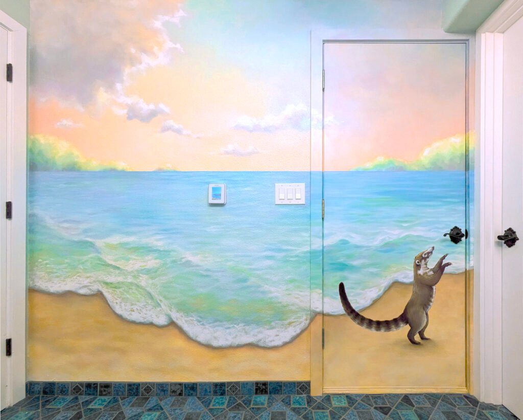 Ocean beach waves mural art wall painting in bathroom with sunset and coati