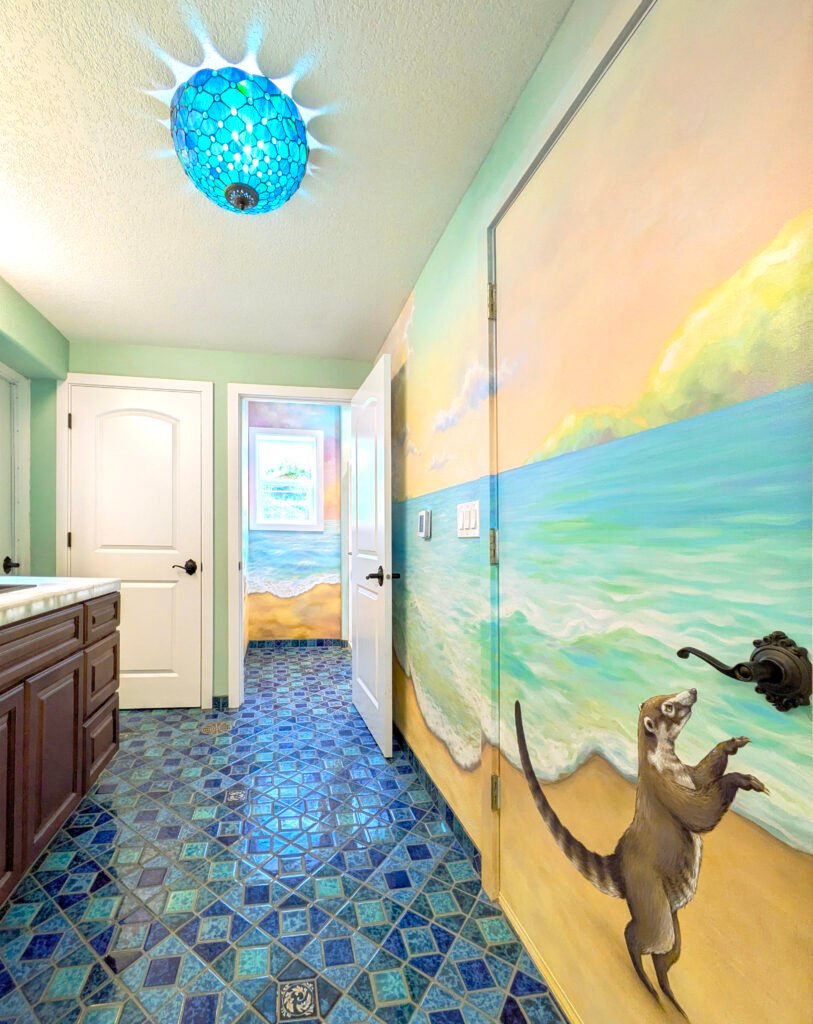 Ocean beach waves mural art wall painting in bathroom with sunset and coati